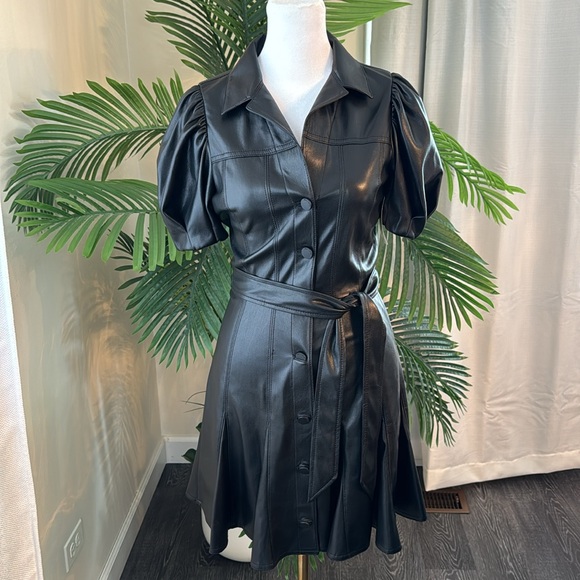 Alice + Olivia OFRA VEGAN LEATHER MINI DRESS WITH TIE BELT, Size 2, $465 - Picture 8 of 15
